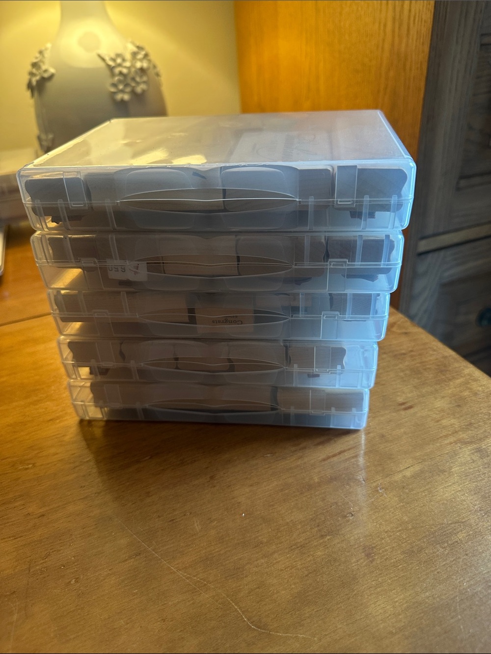 Stampin Up word wooden stamps in Clear Stackable Plastic boxes